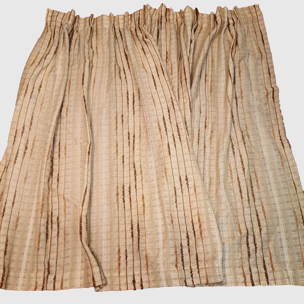 Vintage Textured Curtain Panels Set Beige Brown Pinch Pleat 62x74 Woven Stripes